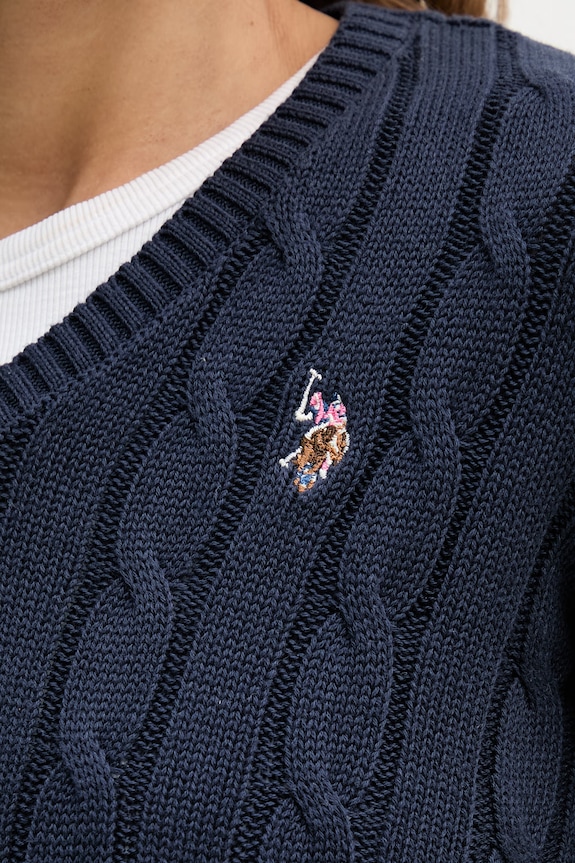 Bavlněný svetr U.S. Polo Assn. V-NECK CABLE WUP0397 námořnická modř