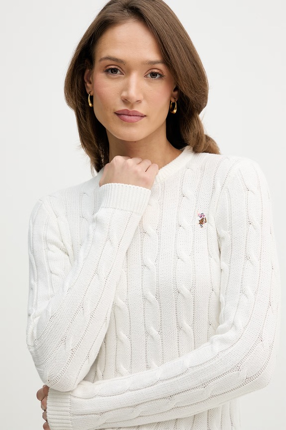 U.S. Polo Assn. sweter damski bawełniany CREW NECK CABLE beżowy WUP0398