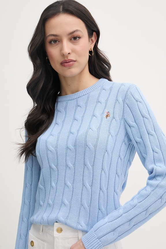 U.S. Polo Assn. Sveter dámsky bavlnený CREW NECK CABLE modrá WUP0398
