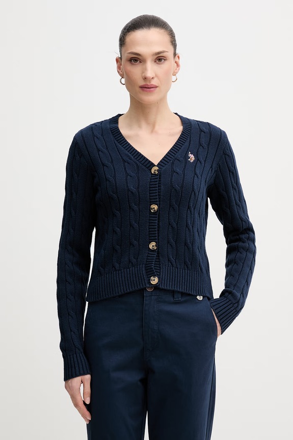 U.S. Polo Assn. cardigan femei din bumbac CABLE KNIT uni bleumarin WUP0400