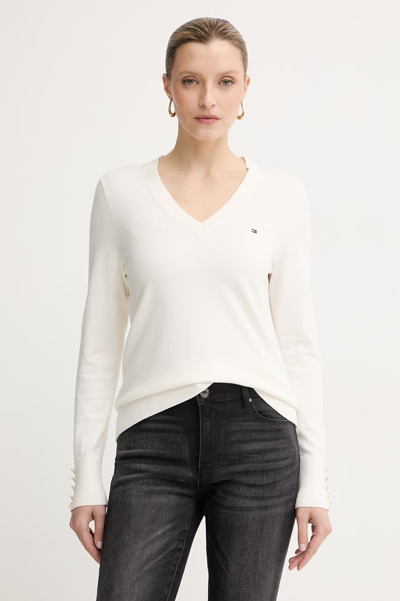 Tommy Hilfiger πουλόβερ γυναικείο με βαμβάκι μπεζ WW0WW40098.