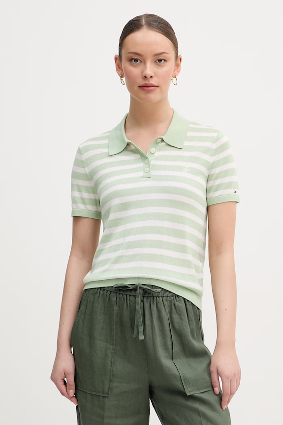 Tommy Hilfiger úpletové polo tričko dámske s prímesou hodvábu zelená WW0WW48503