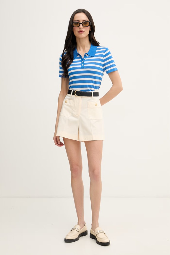 Tommy Hilfiger úpletové polo tričko dámske s prímesou hodvábu WW0WW48503 modrá SS26