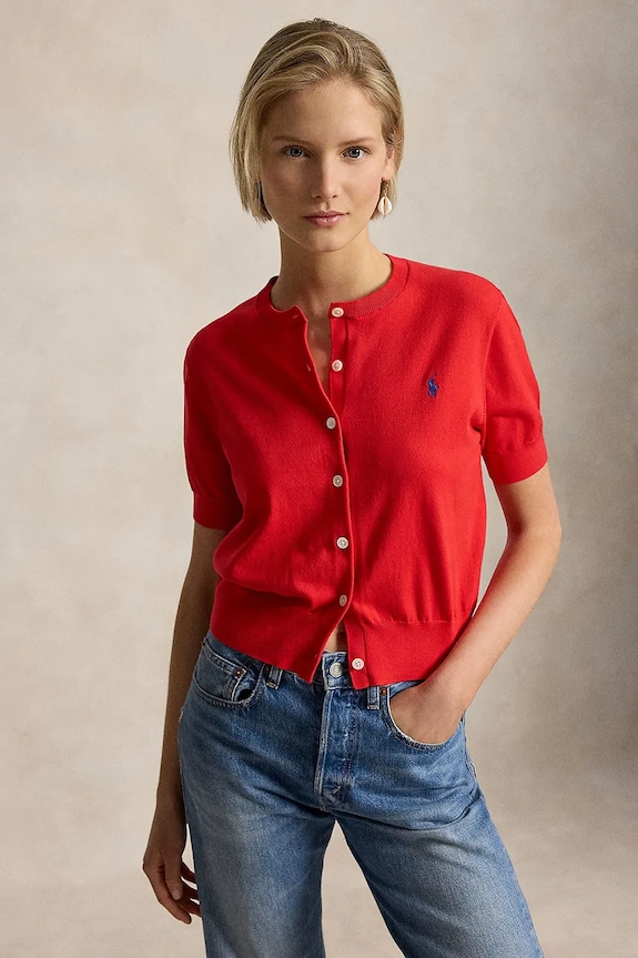 Polo Ralph Lauren cardigan pentru femei, din bumbac rosu 211A12718