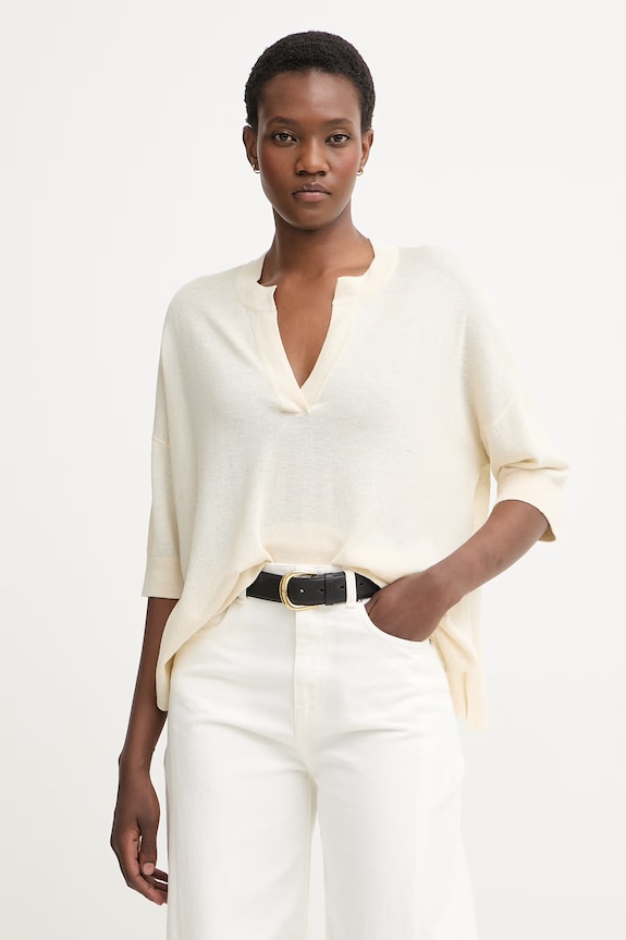 Sisley sweter z krótkim rękawem damski z wiskozą beżowy 1W0CL107Y