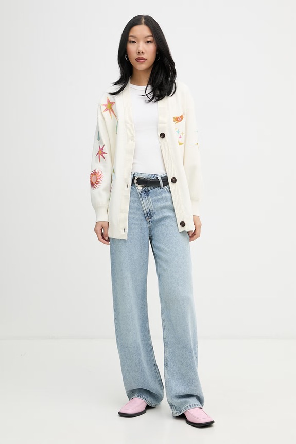 Never Fully Dressed cardigan pentru femei, cu vâscoză NFDKN905 bej SS26
