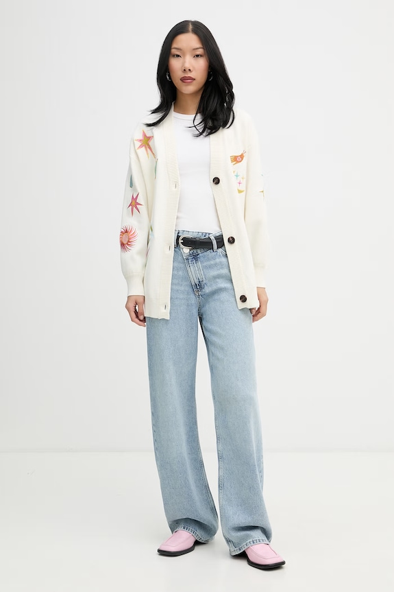 Never Fully Dressed cardigan pentru femei, cu vâscoză NFDKN905 bej SS26