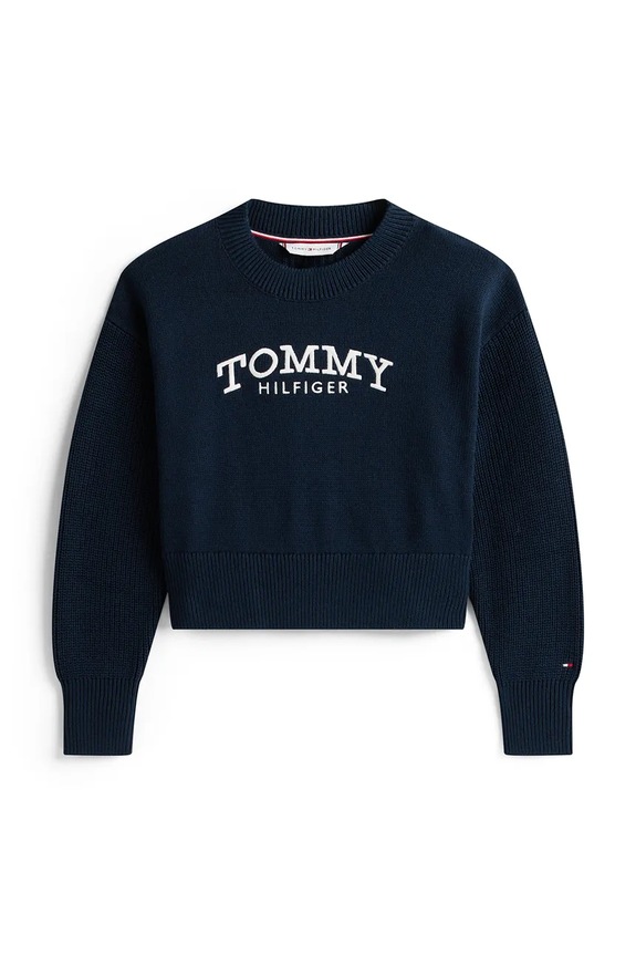 Детски памучен пуловер Tommy Hilfiger KG0KG08921.128.176.PPY2 тъмносин SS26