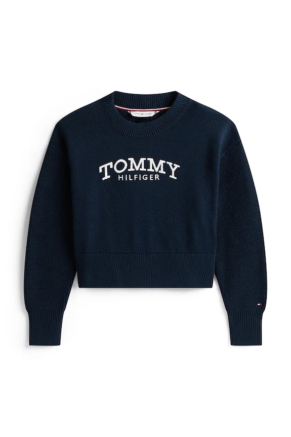 Детски памучен пуловер Tommy Hilfiger KG0KG08921.128.176.PPY2 тъмносин SS26