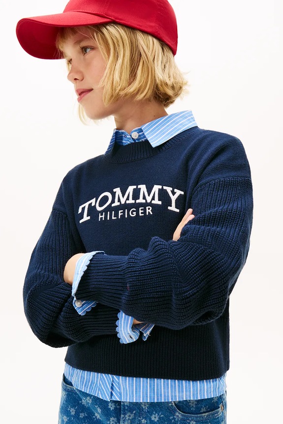 Момиче Детски памучен пуловер Tommy Hilfiger KG0KG08921.128.176.PPY2 тъмносин