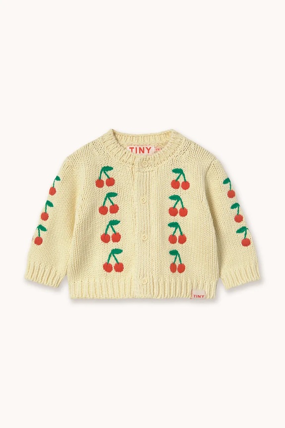Tinycottons baba pamut kardigán MINI CHERRIES KNITTED BABY CARDIGAN közepesen vastag sárga SS26.389