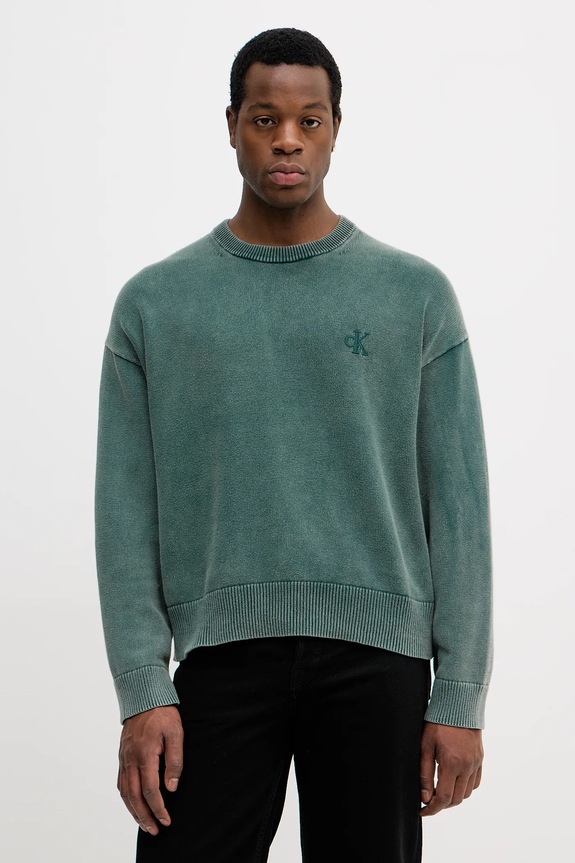 Βαμβακερό πουλόβερ Calvin Klein Jeans απλικέ πράσινο LV04RE300G