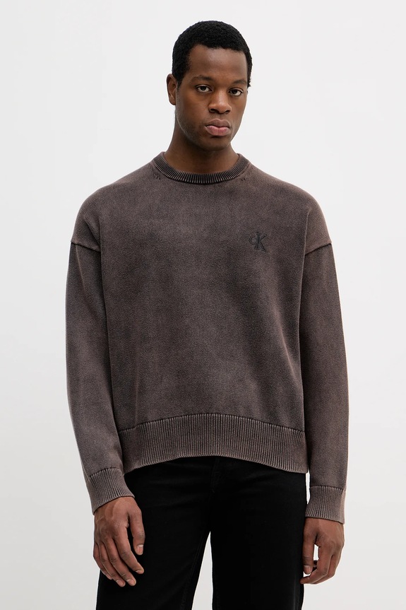 Βαμβακερό πουλόβερ Calvin Klein Jeans απλικέ καφέ LV04RE300G