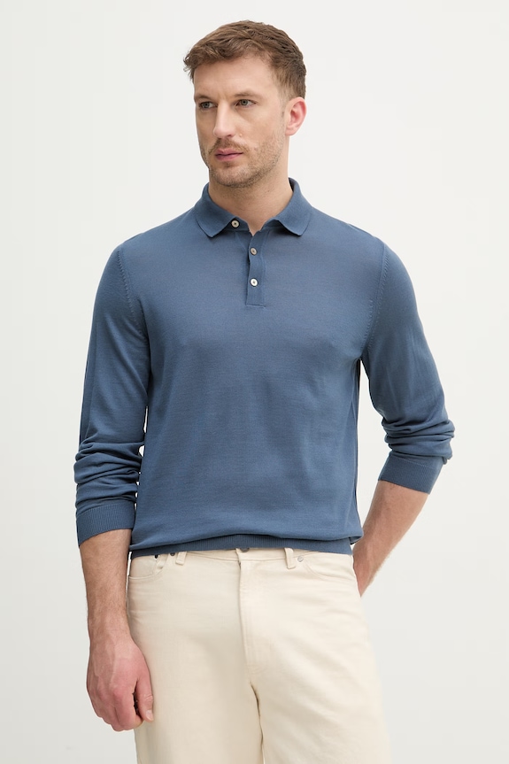 Вълнен пуловер BOSS Lancione вълна син 50476355