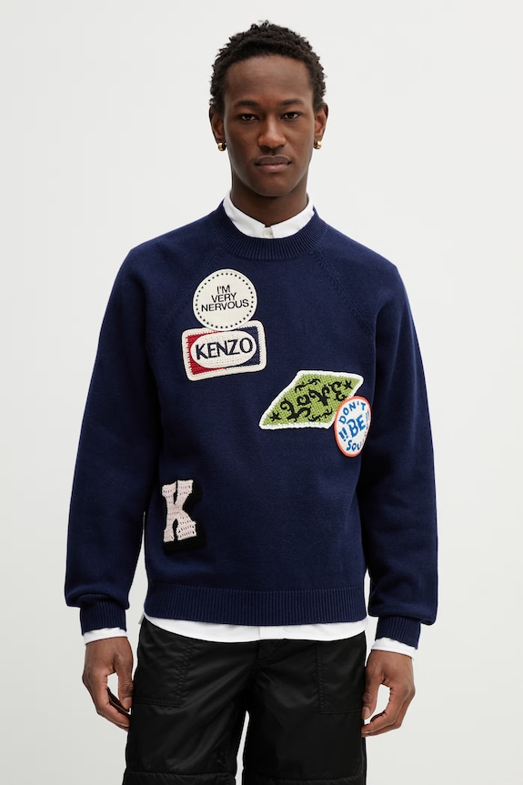 Kenzo pulover din amestec de lână subtiri bleumarin FG55PU7863DN