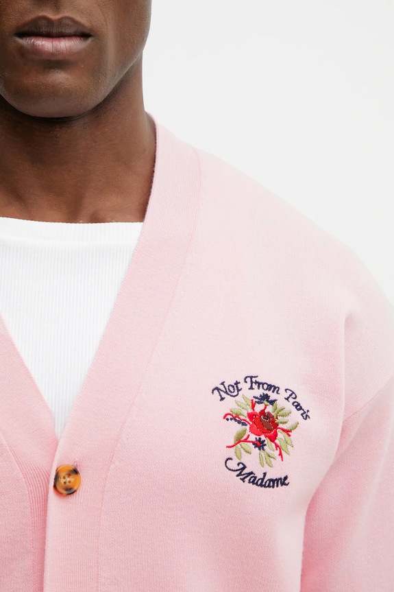 Drôle de Monsieur cardigan da uomo in lana merino Slogan Rose rosa J.CA166.WO007.LPI