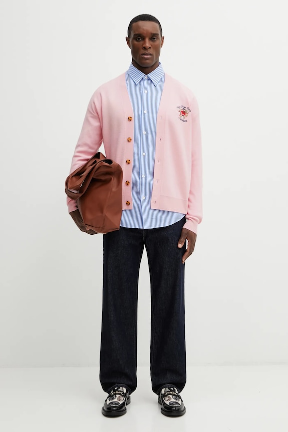 Drôle de Monsieur cardigan da uomo in lana merino Slogan Rose J.CA166.WO007.LPI rosa