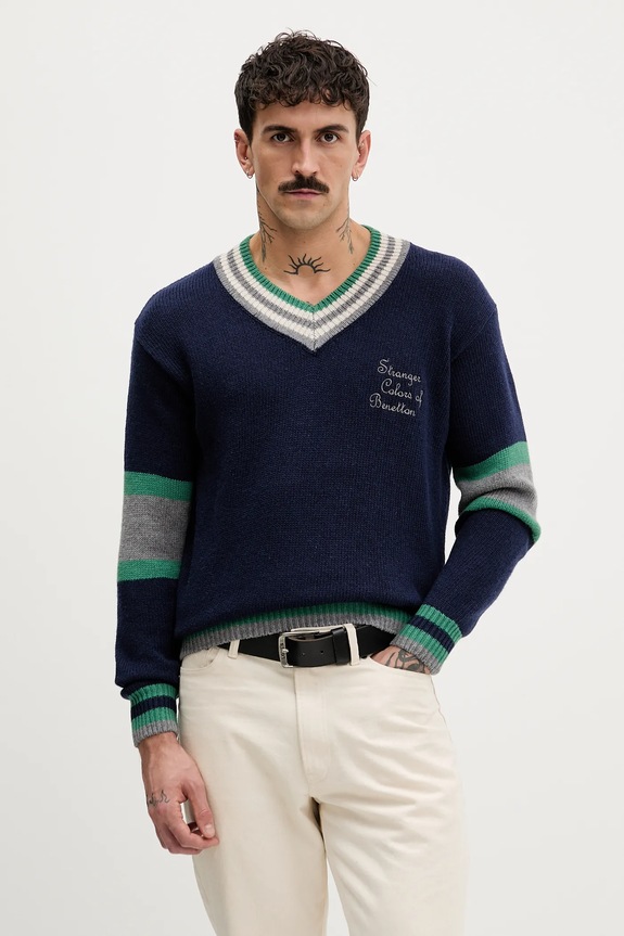 Пуловер с вълна United Colors of Benetton x Stranger Things щампа тъмносин 1XDGK401F