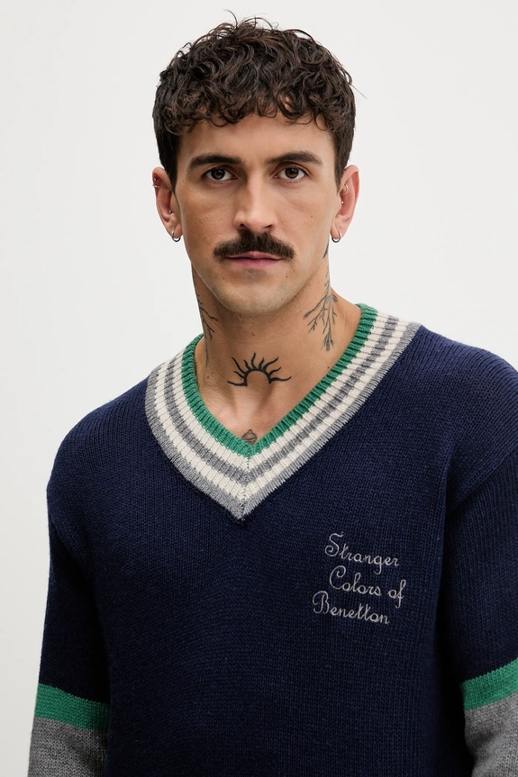 Пуловер с вълна United Colors of Benetton x Stranger Things тъмносин 1XDGK401F