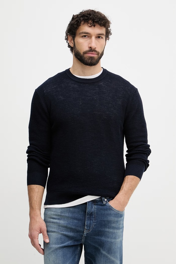 United Colors of Benetton πουλόβερ ανδρικό με πρόσμιξη λινού σκούρο μπλε 1DC3U10BK