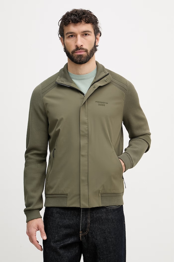 BOSS Green prechodná bunda pánska s prímesou hodvábu BOSS X PORSCHE zelená 50558355