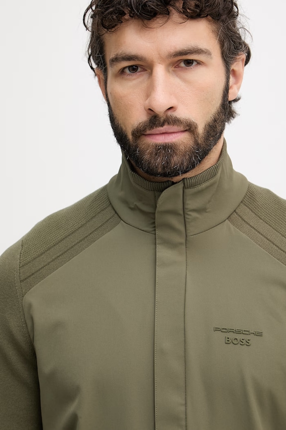BOSS Green prechodná bunda pánska s prímesou hodvábu BOSS X PORSCHE zelená 50558355