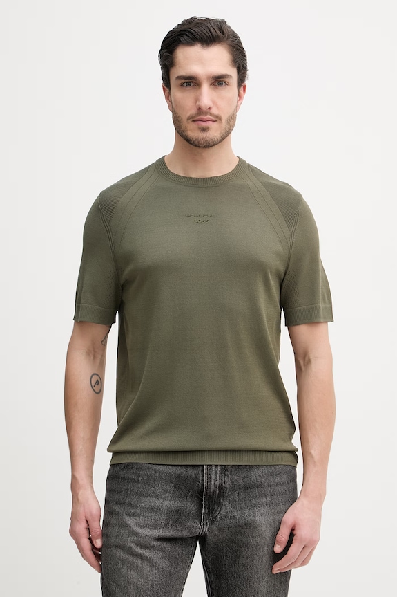 BOSS Green tricou basic bărbătesc cu amestec de mătase BOSS X PORSCHE uni verde 50558363