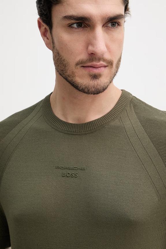 BOSS Green tricou basic bărbătesc cu amestec de mătase BOSS X PORSCHE verde 50558363