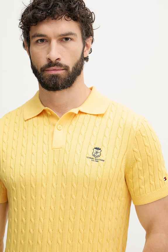 Tommy Hilfiger πλεκτό μπλουζάκι πόλο ανδρικό βαμβακερό κίτρινο MW0MW42788