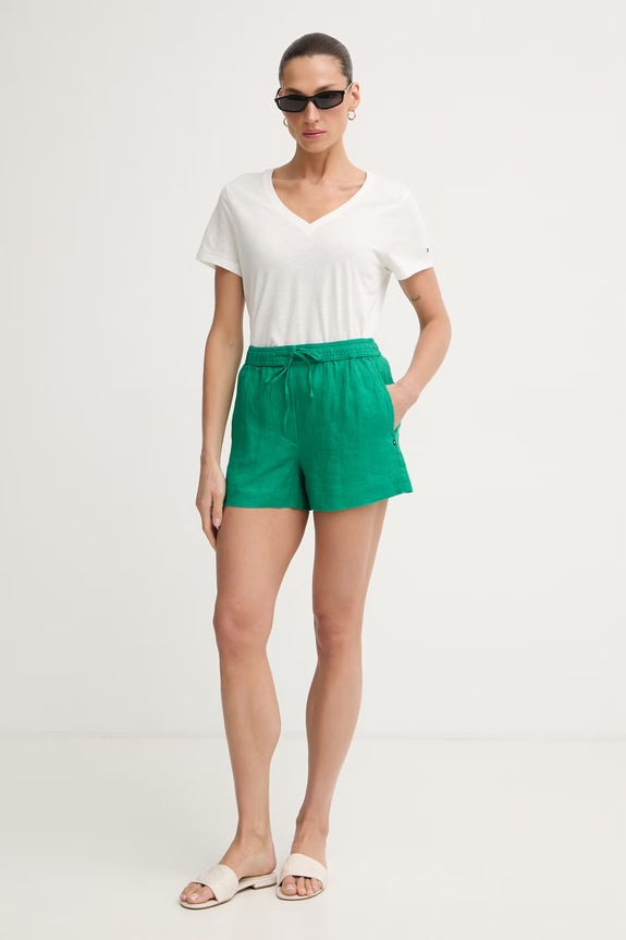 Tommy Hilfiger σορτς Γυναικεία λινά WW0WW49637 πράσινο SS26
