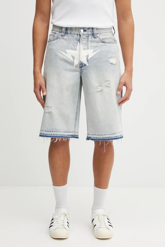 A Bathing Ape pantaloni scurți jeans Destroyed Sta print albastru 1L30151304