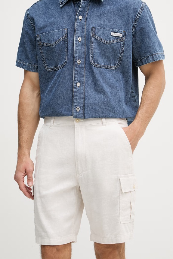 Calvin Klein Jeans šortky cargo pánske z ľanom béžová LV04RF610G