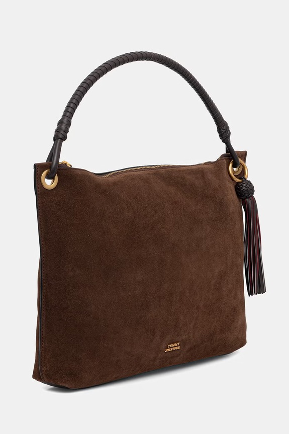 Tommy Hilfiger μικρή γυναικεία τσάντα δερμάτινη σουέτ AW0AW18402 καφέ SS26