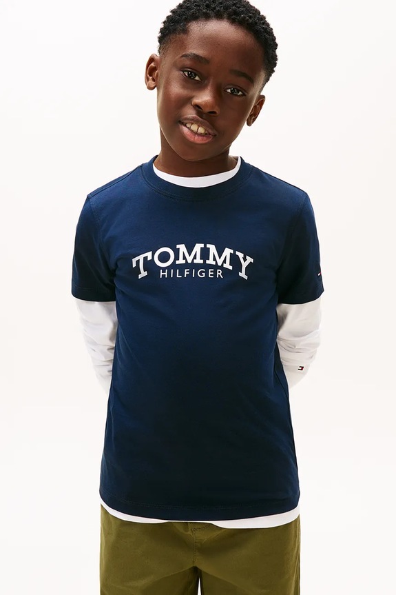 Παιδικό βαμβακερό μπλουζάκι Tommy Hilfiger στάμπα σκούρο μπλε KB0KB10051.128.176.PPY2