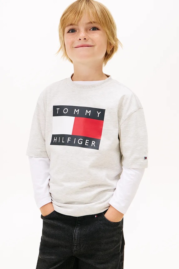 Παιδικό βαμβακερό μπλουζάκι Tommy Hilfiger στάμπα γκρί KB0KB10340.128.176.PPY2