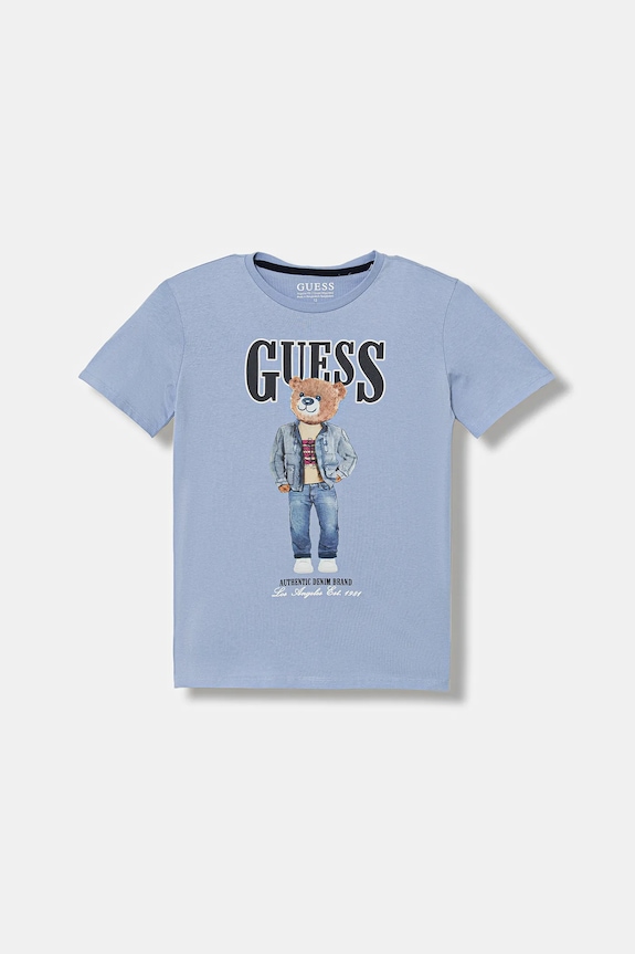 Παιδικό βαμβακερό μπλουζάκι Guess στάμπα μπλε L6RI11.K8HM4.PPY2