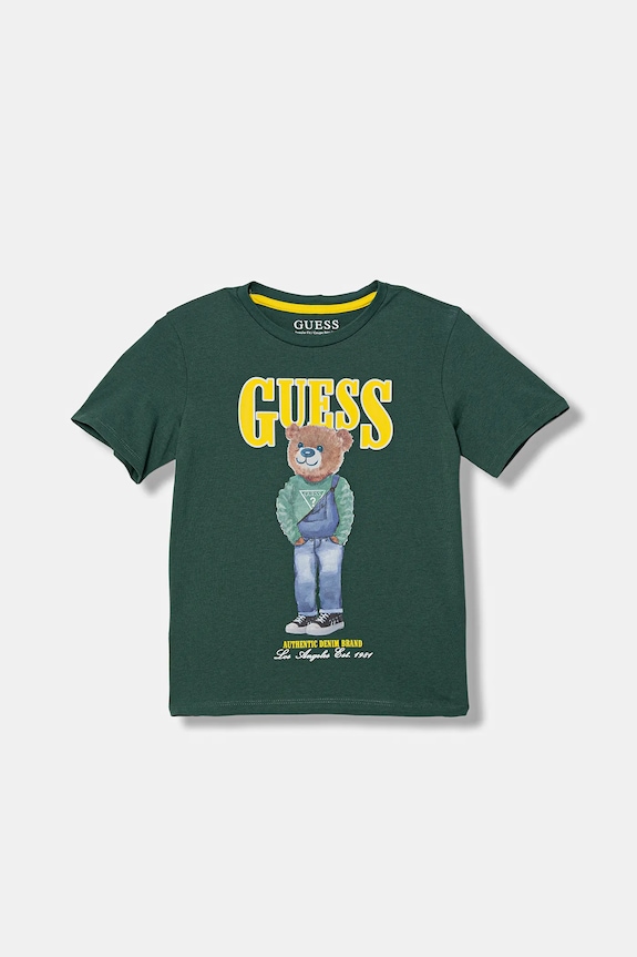 Παιδικό βαμβακερό μπλουζάκι Guess στάμπα πράσινο L6RI11.K8HM4.PPY2