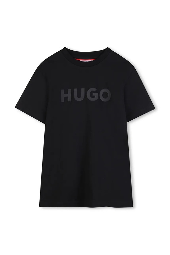 Παιδικό βαμβακερό μπλουζάκι HUGO στάμπα μαύρο G01014.114.150