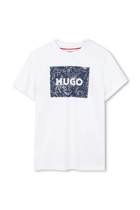 Παιδικό βαμβακερό μπλουζάκι HUGO στάμπα λευκό G01020.114.150