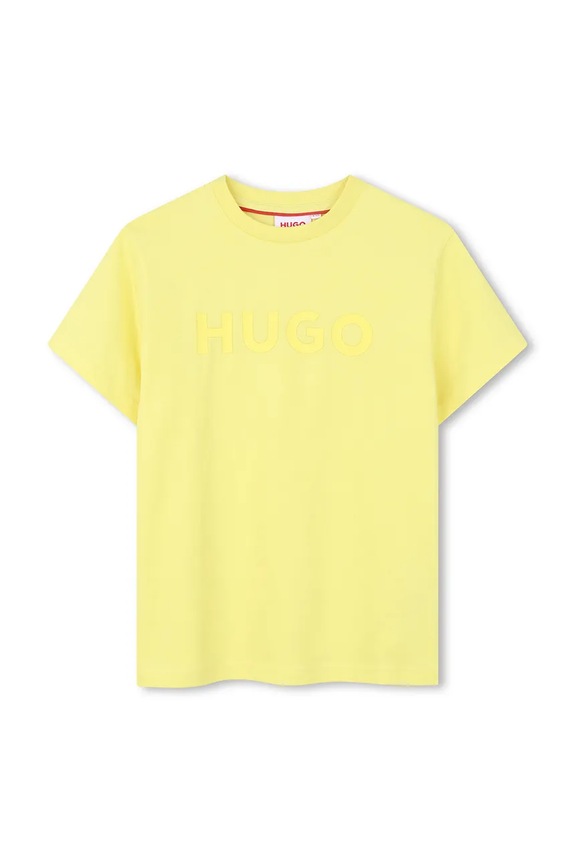 Παιδικό βαμβακερό μπλουζάκι HUGO στάμπα κίτρινο G01014.162.174