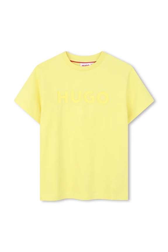 Παιδικό βαμβακερό μπλουζάκι HUGO στάμπα κίτρινο G01014.162.174