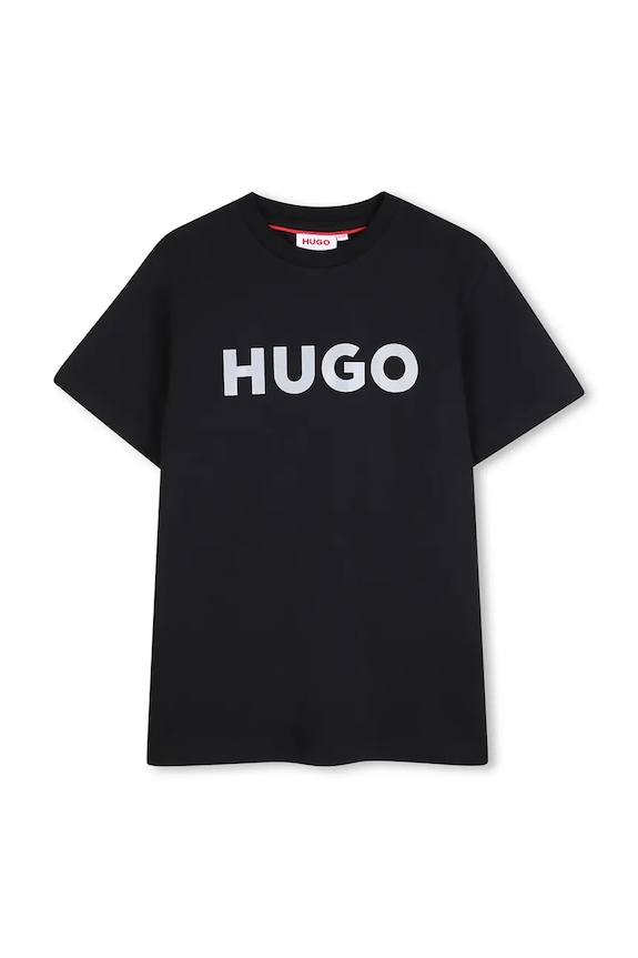 Παιδικό βαμβακερό μπλουζάκι HUGO στάμπα μαύρο G01016.162.174
