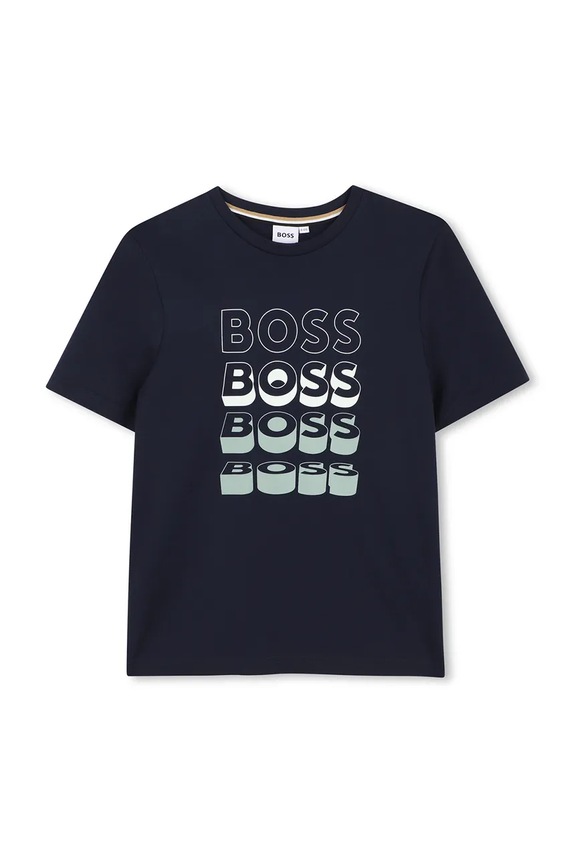 Παιδικό βαμβακερό μπλουζάκι BOSS στάμπα σκούρο μπλε J52982.162.174