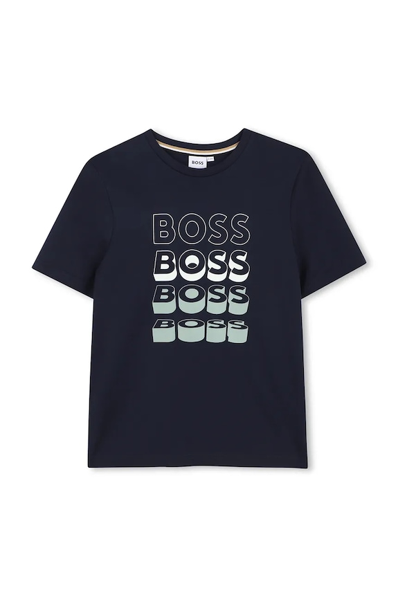 Παιδικό βαμβακερό μπλουζάκι BOSS στάμπα σκούρο μπλε J52982.162.174