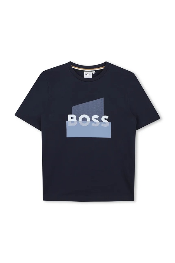 Παιδικό βαμβακερό μπλουζάκι BOSS στάμπα σκούρο μπλε J52978.114.150