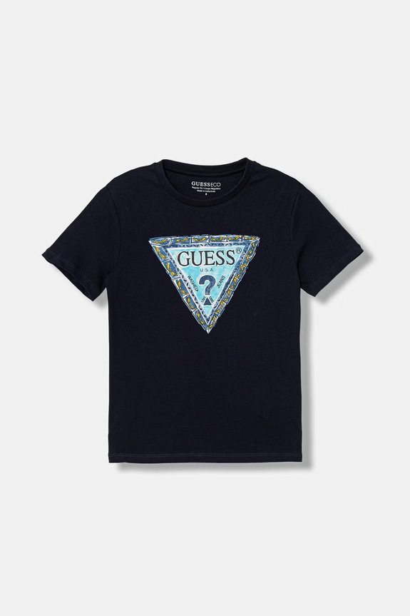 Παιδικό βαμβακερό μπλουζάκι Guess στάμπα σκούρο μπλε L6GI00.K8HM4.PPY2.M