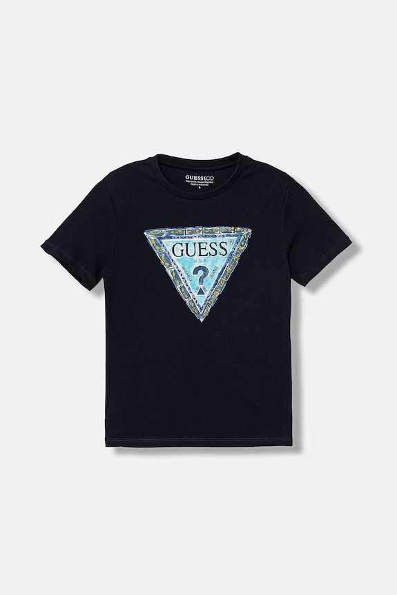 Παιδικό βαμβακερό μπλουζάκι Guess στάμπα σκούρο μπλε L6GI00.K8HM4.PPY2.M