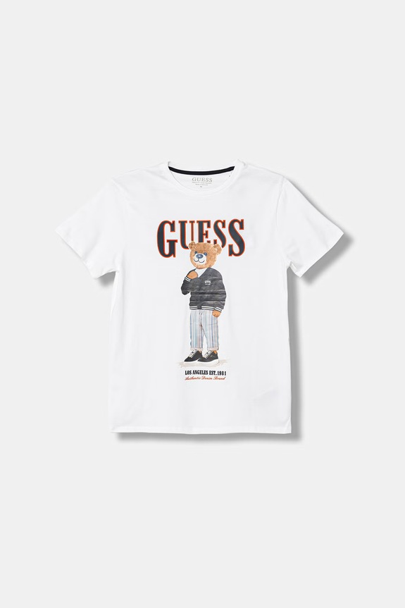 Παιδικό βαμβακερό μπλουζάκι Guess στάμπα λευκό L6GI09.K8HM4.PPY2.M