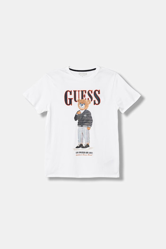 Παιδικό βαμβακερό μπλουζάκι Guess στάμπα λευκό L6GI09.K8HM4.PPY2.M