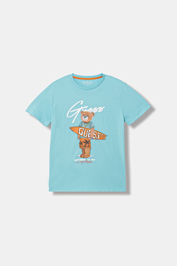 Παιδικό βαμβακερό μπλουζάκι Guess στάμπα μπλε L6GI09.K8HM4.PPY2.M